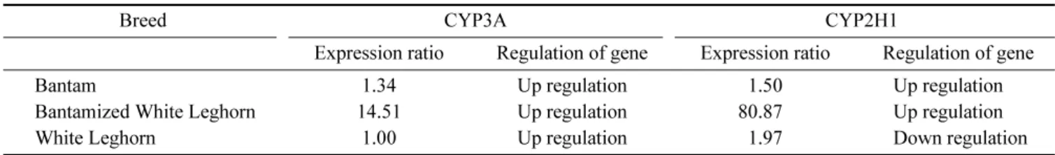 Table 2.  Gene expression ratio of CYP 3A and CYP2H1 genes in Bantam, Bantamized White Leghorn and White Leghorn treated with phenobarbital
