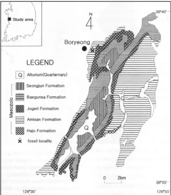 Fig. 1. Geological map of study area (after Suh et al., 1980, modified in part) and fossil locality.