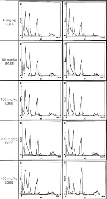 Fig. 3. Representative DNA content histograms of testicular cells in pubertal (left column) and adult (right column) rats administered with various doses of EGEE for 4 weeks