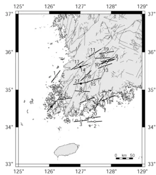 Fig. 7은 Frohlich(2001)이  제시한  메커니즘으로  본 연구에  이용된 22개  지진의  단층면해를  삼각  다이어 그램에  나타낸  것이다