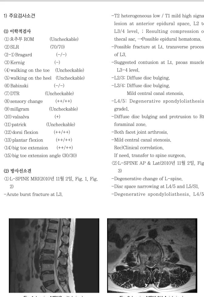 Fig. 1. L-spine MRI(Sagittal view). Fig. 2. L-spine MRI(L3/4 Axial view).