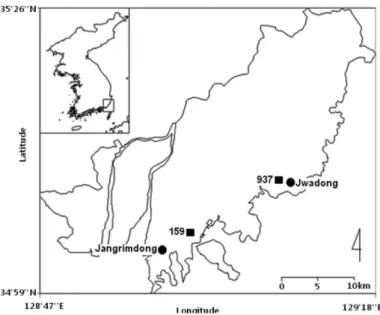 Fig. 1. PM 2.5  observation sites ( ●) and AWS (Auto Weather System) stations (■) in Busan.