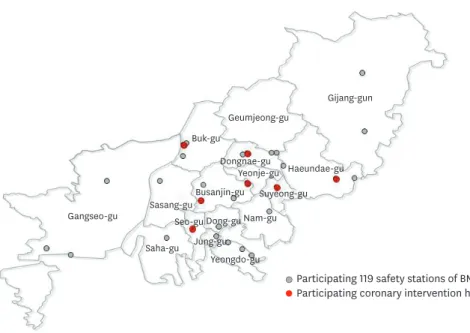 Figure 1. Location of 22 stations of BMFSH and 7 primary PCI-performing hospitals (6 regional hospitals and Busan  Regional Cardio-Cerebrovascular Center), participating in the pre-hospital ECG transmission program