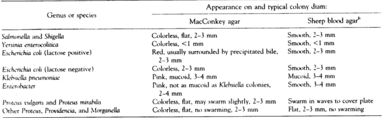 Table  5.  Colonial  appearances of  most-common  Enterobacter따ceae  on  MacConkey  agar and sheep  blood  agar , 1  Appcarancc  on  anJ  typical  colony  diam: 