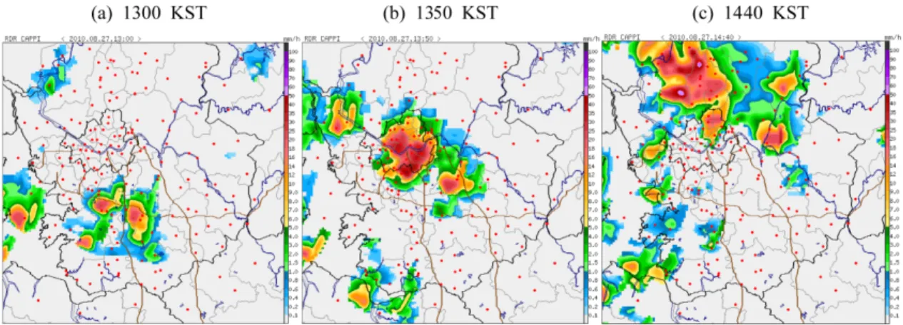 Fig. 14. Rainfall amount (15 mm min −1 ) distributions at 1300 KST (black), 1350 KST (blue), and 1440 KST (red), 27 August 2010.