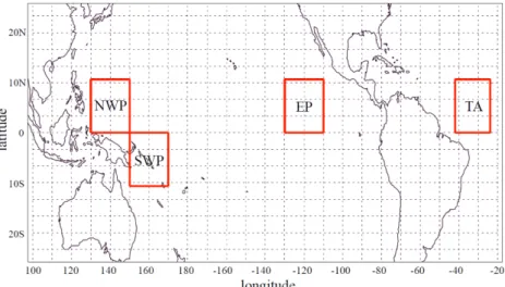 Fig. 1. Map of oceanic regions used in this study including: the northwest Pacific (NWP), east Pacific (EP), southwest Pacific (SWP), and tropical Atlantic (TA).