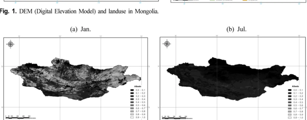 Fig. 2. Surface albedo from MODIS in Mongolia at January and July.
