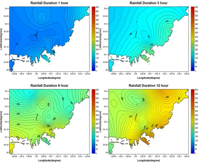 Fig. 4. Spatial distributions of probable precipitation for a 100-year return period.