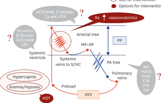 Figure 7. Newly recognized failing Fontan hemodynamics (high CVP with high output) and possible therapeutic  options