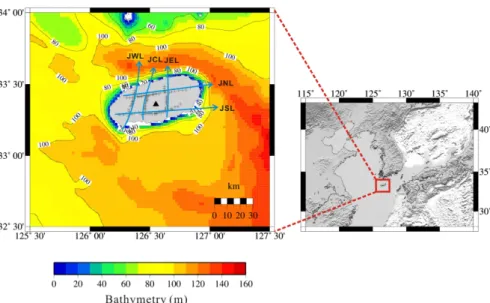 Fig. 1. A bathymetry map around Jeju Island. A total of 102 MT sites (cross hairs) are distributed along five survey lines (JSL:
