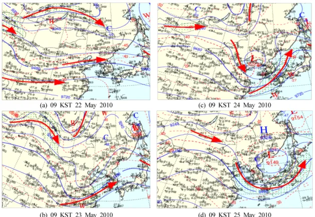 Fig. 11. Synoptic weather chart at 300 hPa from 22 to 25 May, 2010.
