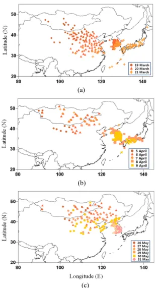 Fig. 2. Asian dust observations on (a) 19-21, March, 2010, (b) 5-9, April, 2006, (c) 26-31, May, 2008.