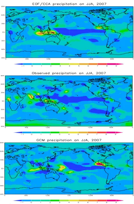 Figure 4.2. The globe image plot of the predicted precipitation in 2007. The first panel shows the result from the EOF/CCA method, the second one indicates the observed precipitation and the third one is for the GCM predicted value
