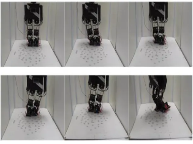 그림 11. 비평탄 지형에서의 보행실험 Fig. 11. Walking experiment on uneven terrain 또한 실제 제작된 이족로봇과 RFID 실험 환경에서 경 로추종 실험을 진행하였으며, 20번의 반복 실험에서 얻어 진 데이터를 통해 성능을 검증하였다