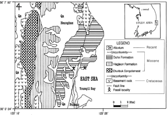 Fig. 1. Geological map of study area (partly modified from Yi and Yun, 1995) and fossil localities.
