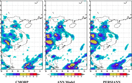 Fig. 2. Geographical distributions of rain rates for 2100 UTC August 29 th  2006 from CMORPH, ANN, and from PERSIANN.