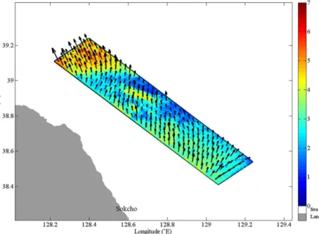 Fig. 6. Distribution of interpolated near surface wind vectors from (a) ECMWF reanalysis data and (b) NCEP/NCAR reanaly- reanaly-sis data, where the red box indicates location of SIR-C image