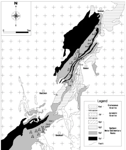 Fig. 1.  Geological map of Ogcheon belt ranged from Goesan to Guemsan area (modified from Lee et al., 1995)