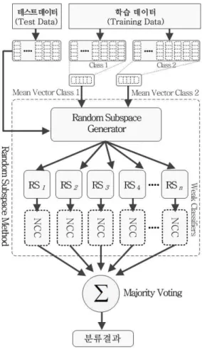 그림 2. 랜덤 부분 공간 기법 Fig. 2. Random Subspace Method과정을 거치는 Semi-Random Subspace 기법이기 때문에 탐색 공간을 줄이는 것이 학습에 유리하다