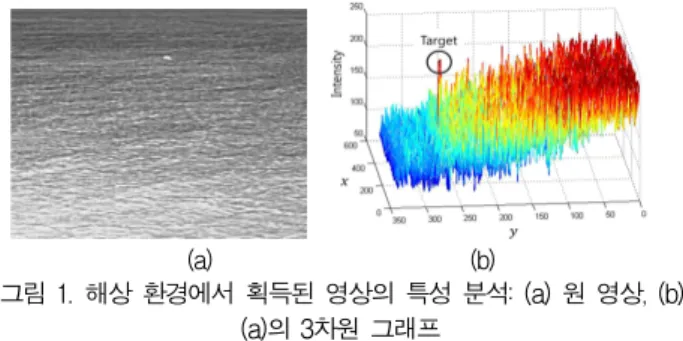 Fig. 1. Characteristics of the sea-based FLIR image: (a) Original image, (b) 3-dimensional graph of (a).