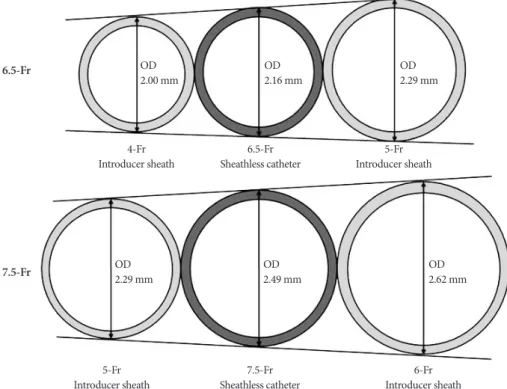 Fig. 3. Comparison of outer diameter (OD) between introducer sheath and sheathless guiding catheters (Adapted from reference 31 with au- au-thors’ permission)