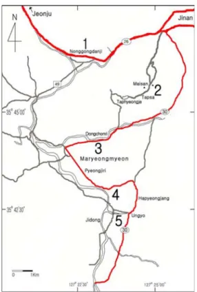 Fig. 2.  Road map and location of the study area. Numbers 1 to 5 show the observation sites and the numerals in a  cir-cle and a rectangle represent national and local roads, respectively.
