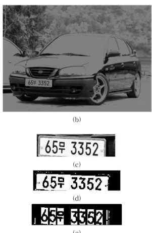Fig.  1.    Step  for  license  plate  segmentation  (a)  Initial  image.  (b)  Result  of  mean  shift  algorithm  and  edge 