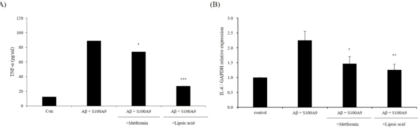 Figure 1. Metformin and α-LA prohibit the expression of pro-inflammatory cytokine in Aβ- and S100A9- treated BV-2 microglial cells