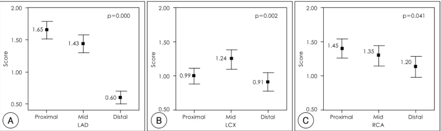 Fig. 2.  Analysis of coronary artery disease score of coronary artery segment. A :  left anterior descending artery