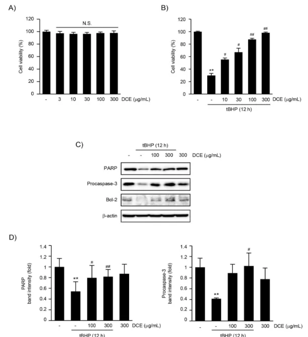 Fig  1. DCE  inhibited  tBHP-induced  apoptosis  in  HepG2  cells.  (A)  Effect  of  DCE  on  viability  of  HepG2  cells