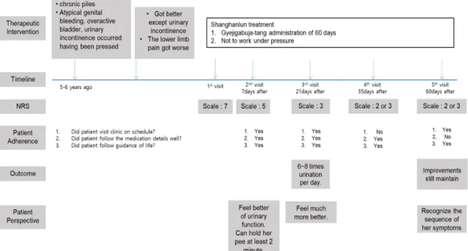 Figure  1. Timeline  analysis  of  this  case.  This  figure's  categories  such  as  Therapeutic  intervention,  Timeline,  Disease  status(NRS),  Patient  adherence,  Outcome,  Patient  perspective  follow  the  CARE  guideline.