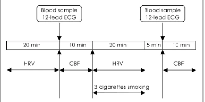 Fig. 1.   Study protocol. CBF: coronary blood flow, ECG: electro- electro-cardiogram, HRV: heart rate variability, min: minutes