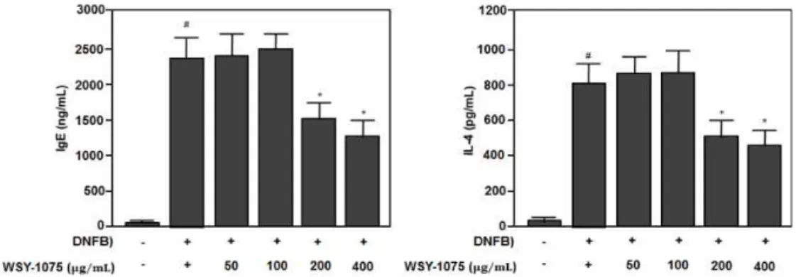 Fig. 6. Effects of WSY-1075 on DNFB-induced  mast cell infiltration in Balb/c mice.  As shown in figure 1, mice were sensitized and  challenged  with  DNFB,  and  administrated  with  WSY-1075