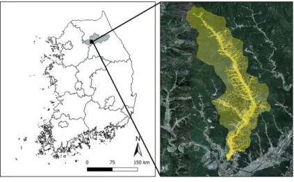 FIGURE 1.  Study areaNetwork,  CNN)으로  학습된  모델을  사용하여 소나무,  가문비나무  그리고  자작나무  3개  수종을  분류하기  위해  다양한  학습모델의  성과를  비교한  바  있으며,  해당  연구를  통해서  RGB  이미지만을  학습데이터로  사용한  모델에서도  분류정확도가  97%로  매우  높은  분류정확도를  도출할 수  있는  것으로  분석되었다