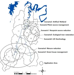 FIGURE  5.  Scenario  application  status  mapFIGURE  4. Measured  T-N,  T-P at Okcheoncheon site이  필요하다