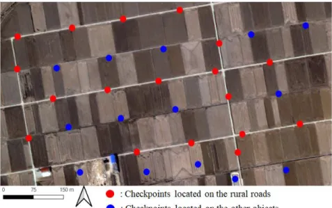 FIGURE 8. Locations  of 100 checkpoints  located on  the  given  KOMPSAT-3A  satellite  image with  the  regular intervals
