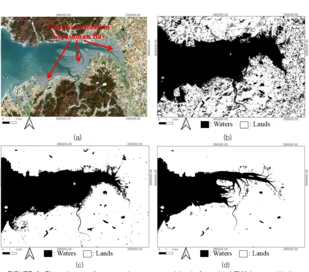 FIGURE 4.  Binary  images for  separating  waters and lands  from  the  NDWI image  with  the  thresholds –0.2, 0, 2: 