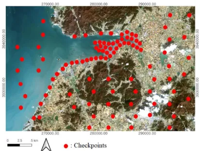 FIGURE 7. Locations  of  the  100  checkpoints  for measuring  the  accuracy of  the generated  coastal wetland  map  shown in 