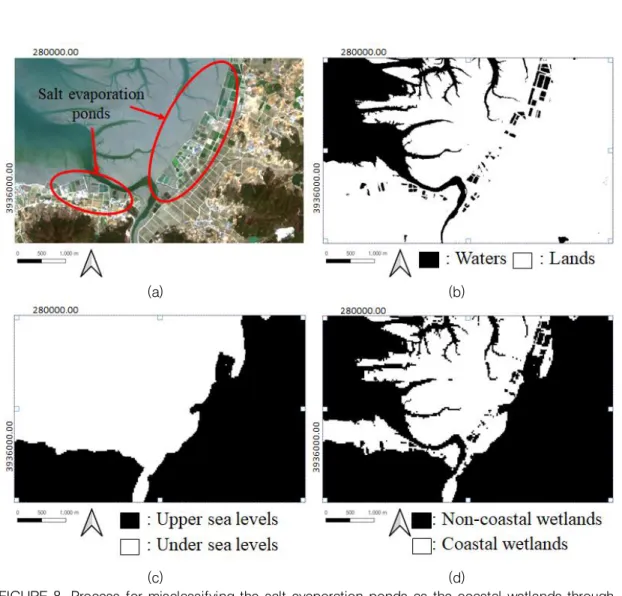 FIGURE 8. Process for misclassifying the salt evaporation ponds as the coastal wetlands through  the  proposed methodology:  Locations of the salt  evaporation  ponds shown in  the  given  Sentinel-2 satellite image, (b) Binary image generated from the NDW