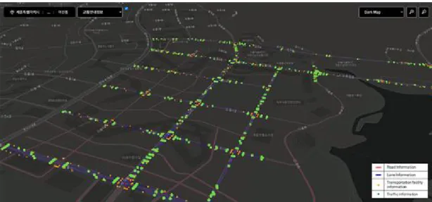 FIGURE 8. HD Map prototype based  on web GIS 다. 좌표를  통한  정위치  편집을  완료하고  각  레 이어의  테이블  명세서를  근거하여  속정  정보를  부여시키고  검수  작업을  통해  Web  GIS  상에  최종  업로드  하였다