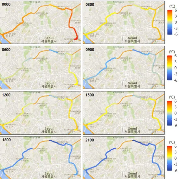 FIGURE  12. Changes  of predicted  road surface  temperature  for  Naebu Expressway  on  December 5, 2019 (The source of  map:  Google).