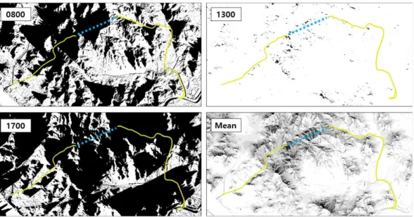FIGURE  6.  The  result of shadow pattern  calculated  by  SOLWEIG for Naebu  Expressway area    on December 5, 2019  (Dotted line:  Tunnel).