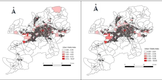 FIGURE 5. Spatial  distribution of  urban vitality  index by  activity and rush hours left:  activity hour,  right:  rush  hour