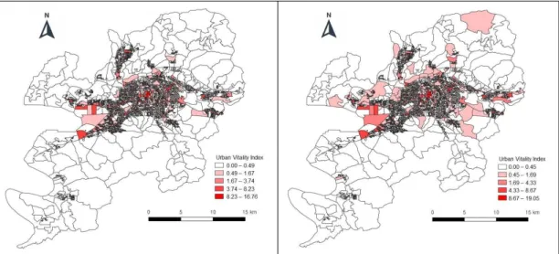 FIGURE 8.  Spatial  distribution of urban vitality index  by  weekday  and  weekend left:  weekday, right: weekend