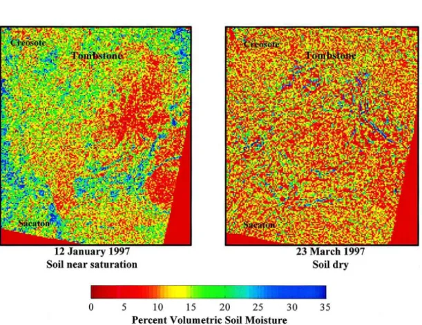 FIGURE 2. Regional  maps  of surface  volumetric  soil  moisture  based on  ERS-2  C-band SAR  images  (Moran  et al., 2000)
