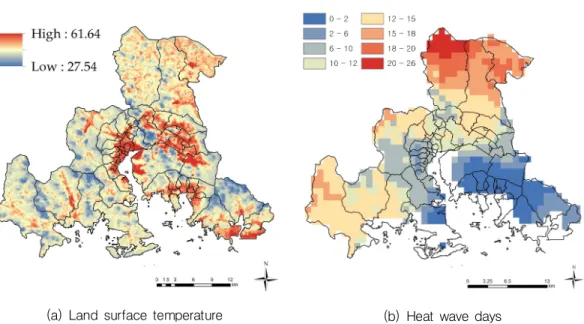 FIGURE  10. Distribution of  land  surface temperature  and  heat  wave days 는 해양에서  유입되는  찬바람의  영향으로  여름 철에서  내륙지역보다  기온이  비교적  낮기  때문 으로  판단된다