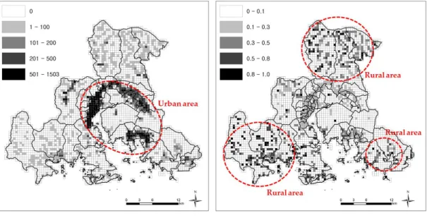 FIGURE  4. Distribution  characteristics of  the elderly  population 속성별  면적비율을  입력변수로  활용하여  분석하였다