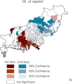 FIGURE  1.  Hotspot analysis of  EMS  demand스  수요가  원도심  외곽과  도시  외곽  사이  지역에서  높게  나타나고  있음을  알  수  있다