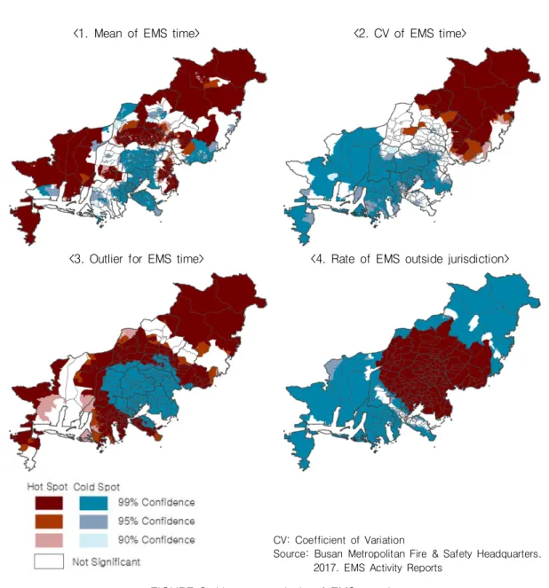 FIGURE 2.  Hotspot analysis  of  EMS  supply 강서구, 사하구,  서구,  중구,  동구  등  남부지역에  있어  평균  소요시간이  얼마나  걸리는지와  상관 없이  지역  내에서  상대적으로  균등한  서비스를  공급  받고  있음을  알  수  있다