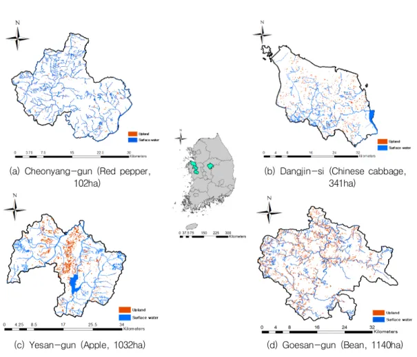 FIGURE  1.  The  study sites  and  the  respective upland areas for different  crops 선정필지의  누적면적이 해당작물의  재배면적  통 계에  이를  때까지  수행하였고,  그  결과는  그림  1에  도시하였다